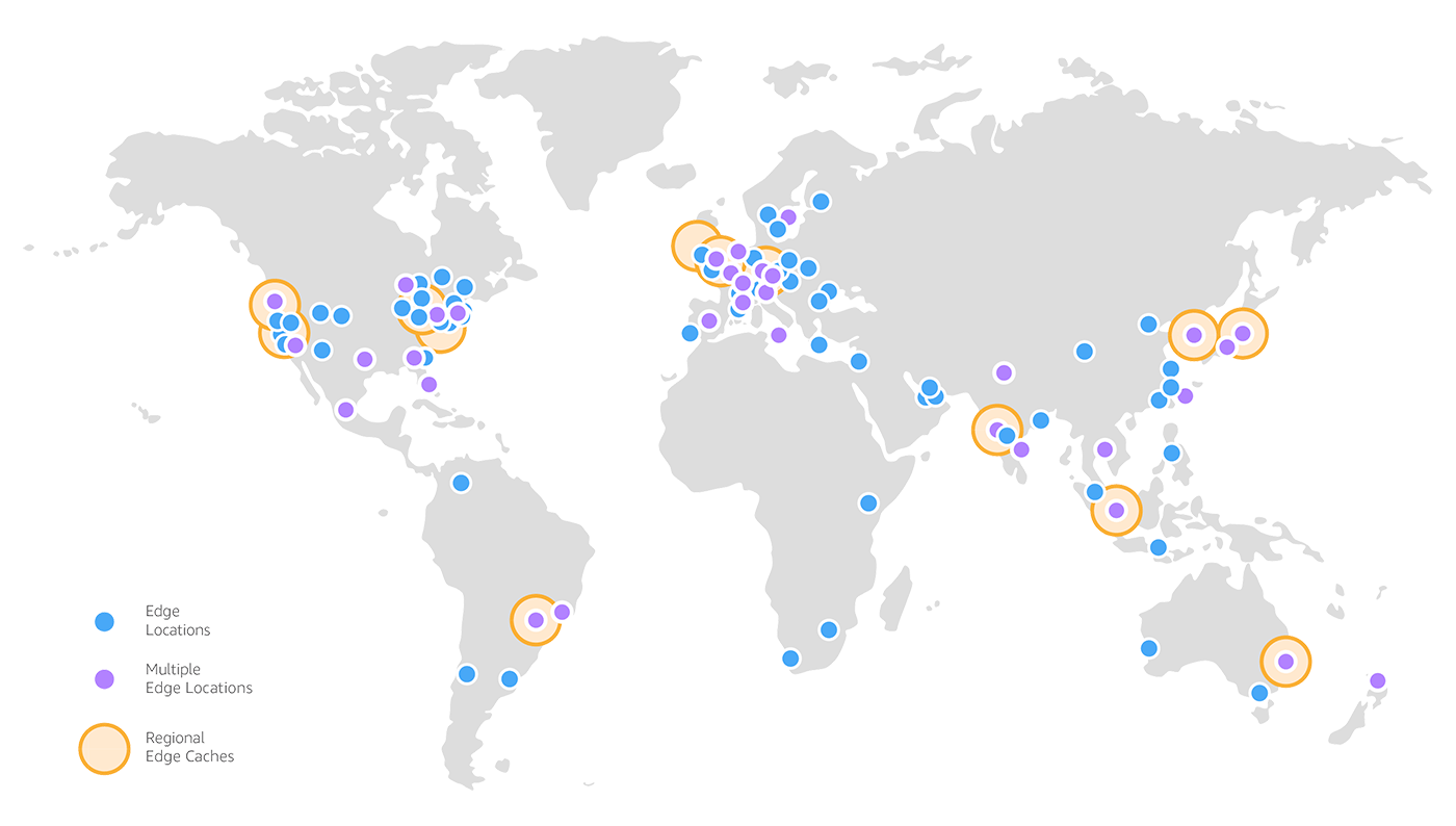 A world map showing AWS CloudFront global edge locations, multiple edge locations, and regional edge caches with colored markers.
