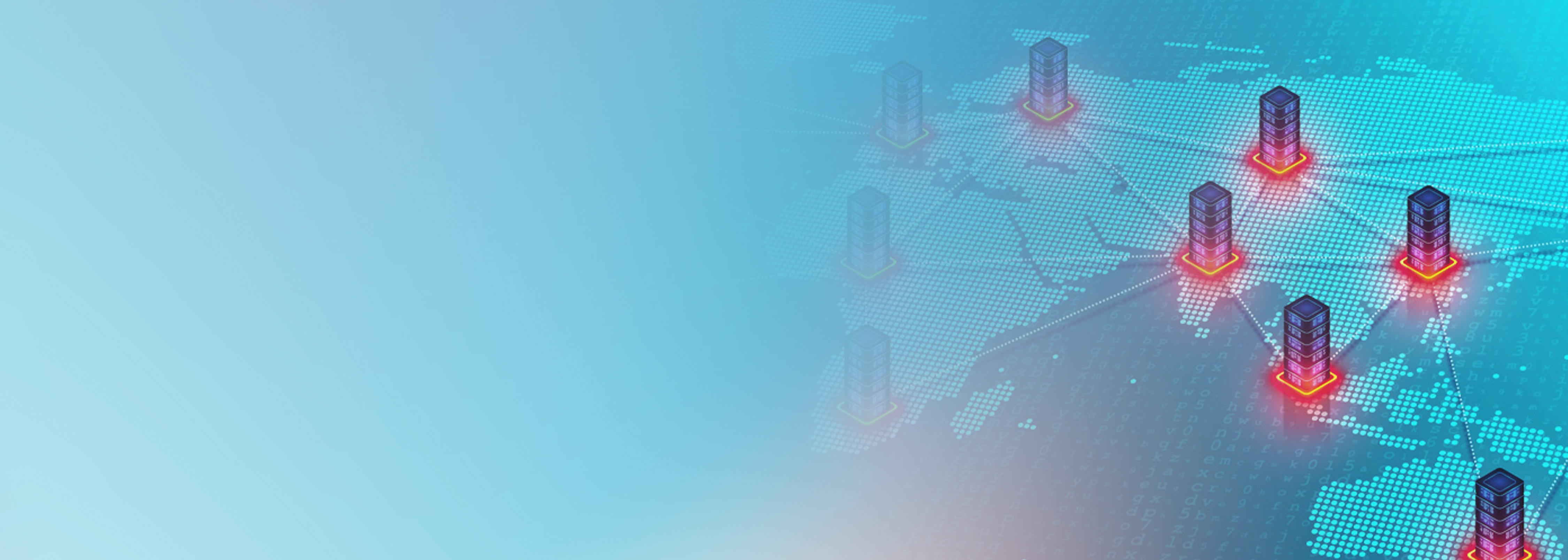 Illustration showing a digital world map with server icons, representing a global network or content delivery network (CDN) such as AWS CloudFront, on a blue gradient background.