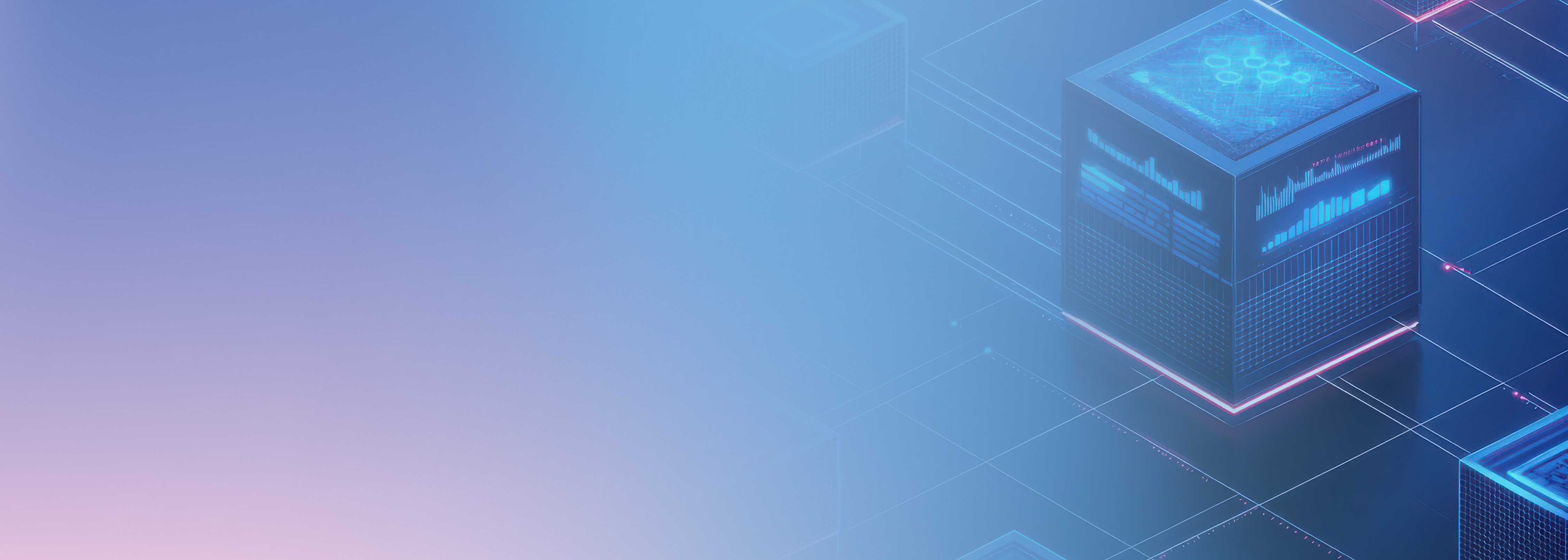 Digital illustration of a network concept showing futuristic cubes with data panels, representing VPC endpoints and cloud connectivity in a virtual private cloud (VPC) environment.