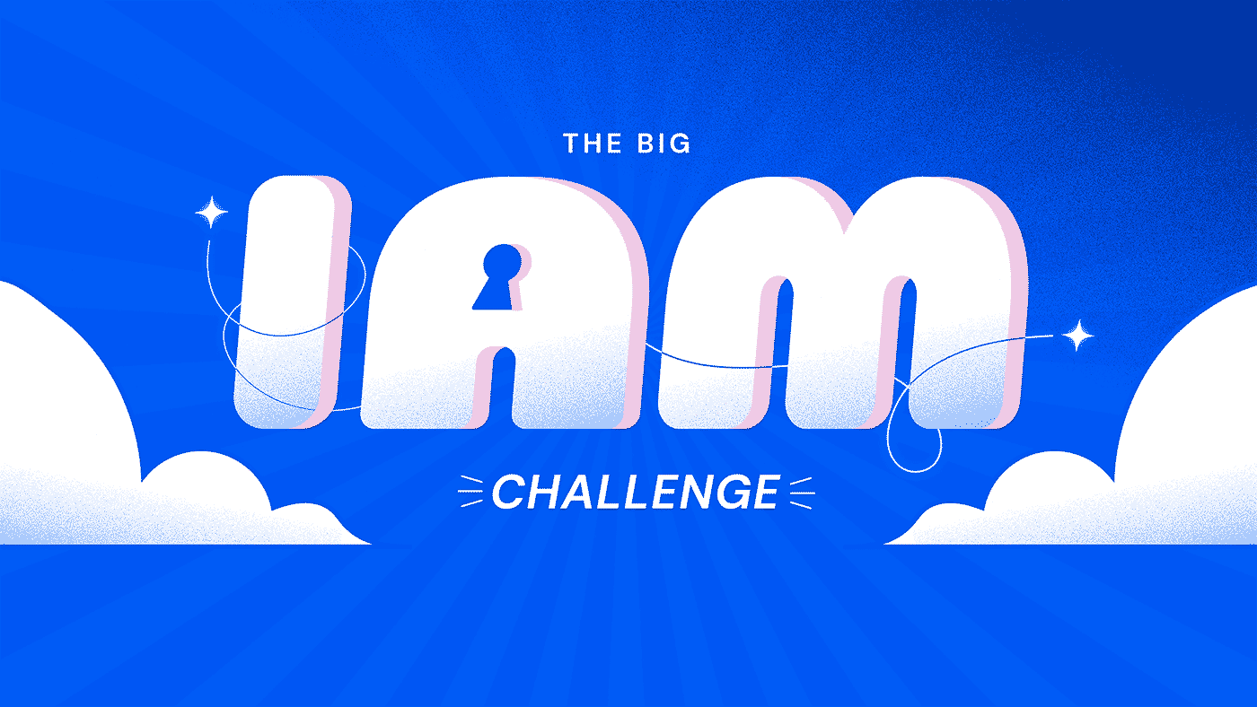 Banner graphic for 'The Big IAM Challenge' featuring large 3D 'IAM' text with a keyhole, set against a blue sky background with clouds. Represents identity and access management in cloud security.