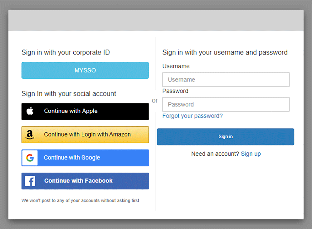 Screenshot showing a multi-tenant SaaS login page utilizing AWS Cognito, featuring corporate SSO, social account sign-in options (Apple, Amazon, Google, Facebook), and username/password entry form.