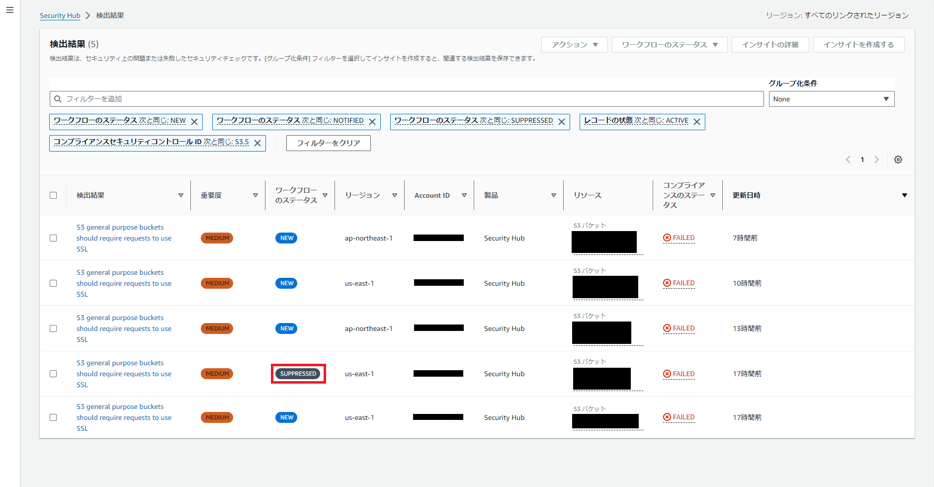 Screenshot of AWS Security Hub findings page in Japanese, showing compliance status for S3 general purpose buckets regarding SSL requirements, with workflow statuses and compliance status displayed.