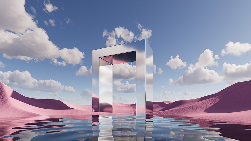 A large reflective geometric gateway stands in the middle of a surreal landscape with pink sand dunes and water, under a blue sky with scattered clouds.