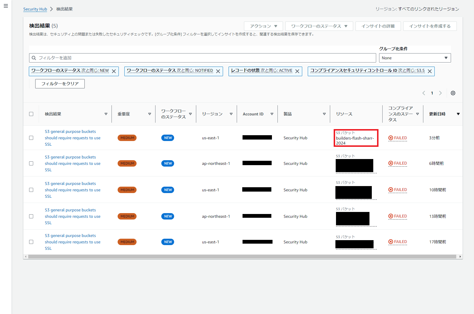 Screenshot of the AWS Security Hub console in Japanese showing automated security response findings related to S3 bucket SSL compliance. The findings highlight several S3 general purpose buckets that should require requests to use SSL, with a medium severity, status as 'NEW', and compliance status as 'FAILED'.