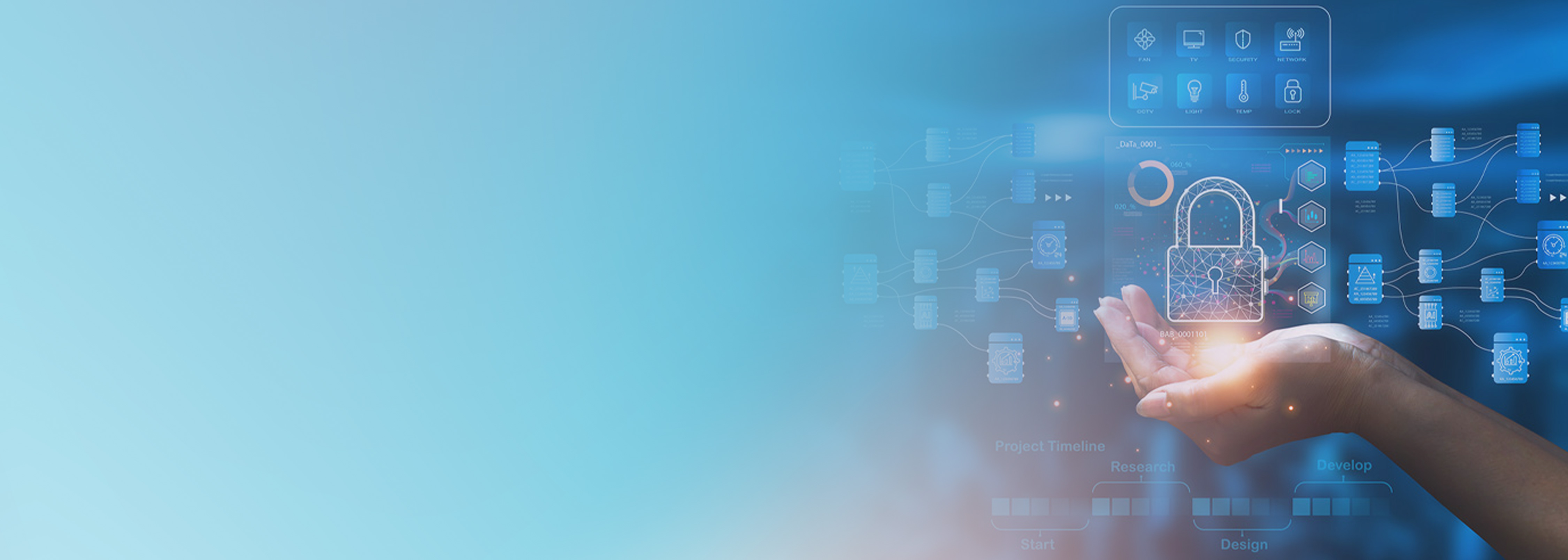 A digital representation of security hub concepts featuring a glowing hand holding a holographic padlock, surrounded by technology icons and data flow diagrams, symbolizing cybersecurity and digital protection.