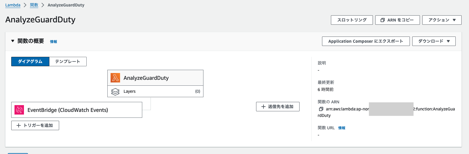 Screenshot of the AWS Lambda console in Japanese, showing a workflow diagram for 'AnalyzeGuardDuty' integrating with EventBridge (CloudWatch Events) to automate security operations using AWS GuardDuty. Useful for illustrating security operation automation workflows in AWS environments.