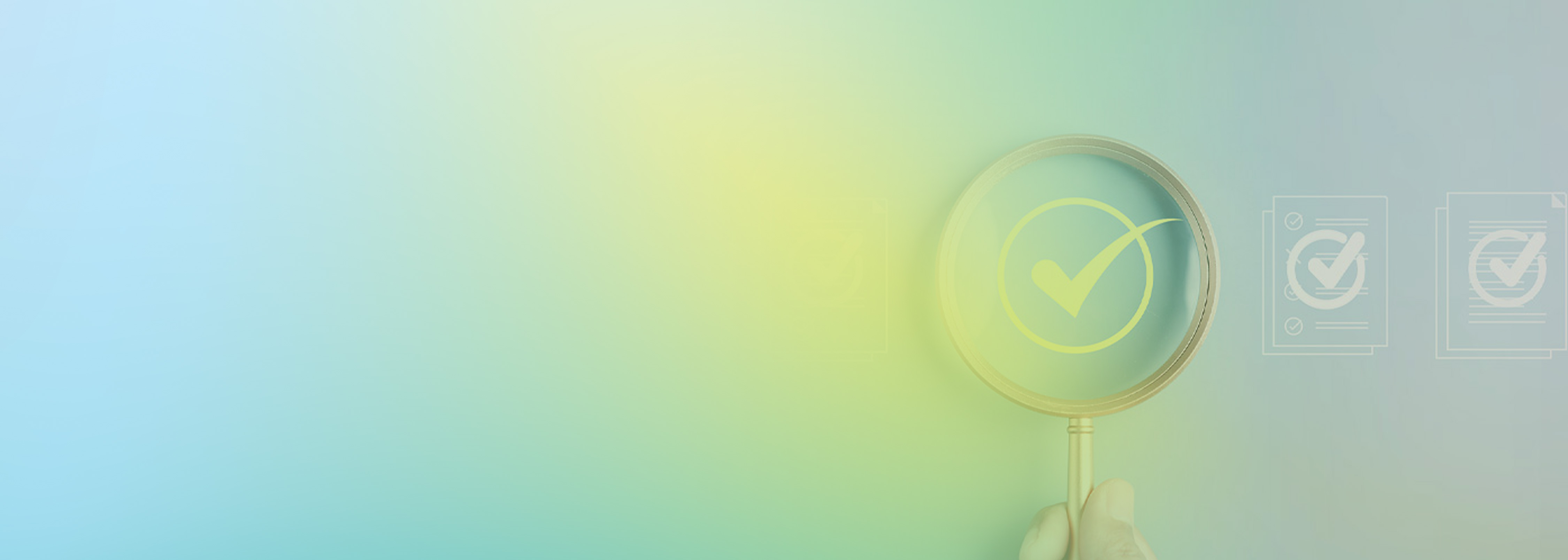 A magnifying glass with a check mark symbol, set against a soft blue and yellow gradient background, representing compliance, security, and identity verification. Suitable for use with security-related workshops or topics.