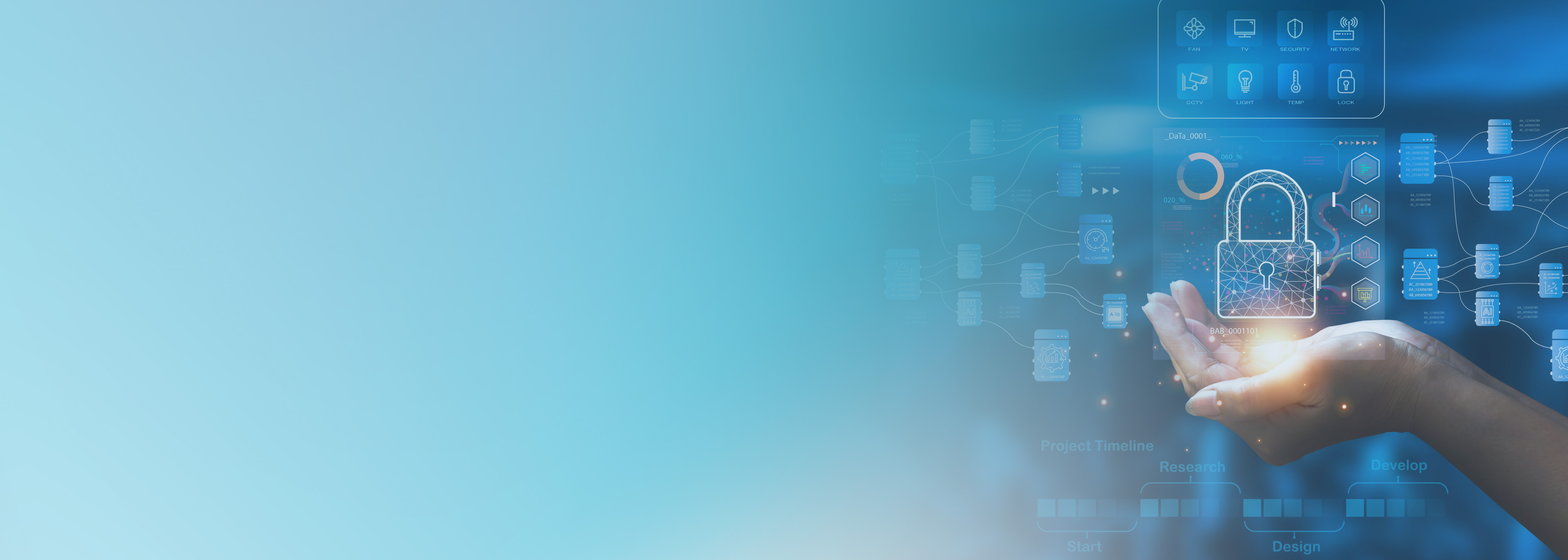 A digital illustration showing a hand holding a glowing padlock hologram, representing cybersecurity, network firewall, and secure log analysis. Technology icons and data visualization elements are present in the background.