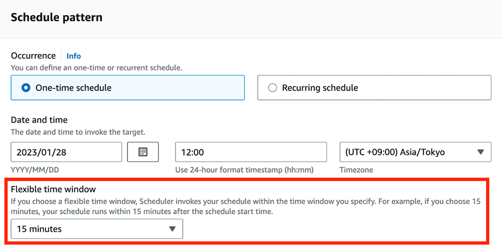 Screenshot of the AWS EventBridge serverless scheduler interface showing an example of configuring a one-time schedule with a flexible time window option. The schedule runs within the selected time window after the specified start time.