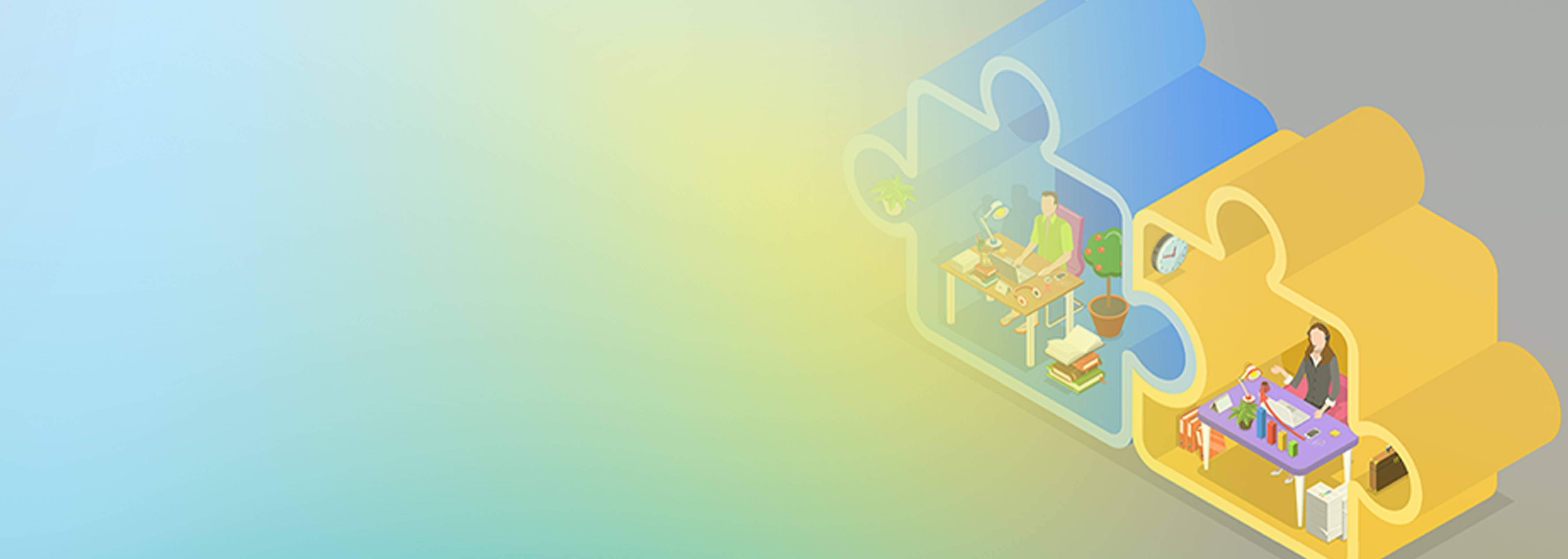 An illustration depicting two puzzle pieces with separate office environments and people, representing the concept of multi-tenancy in SaaS architecture on Amazon EKS.