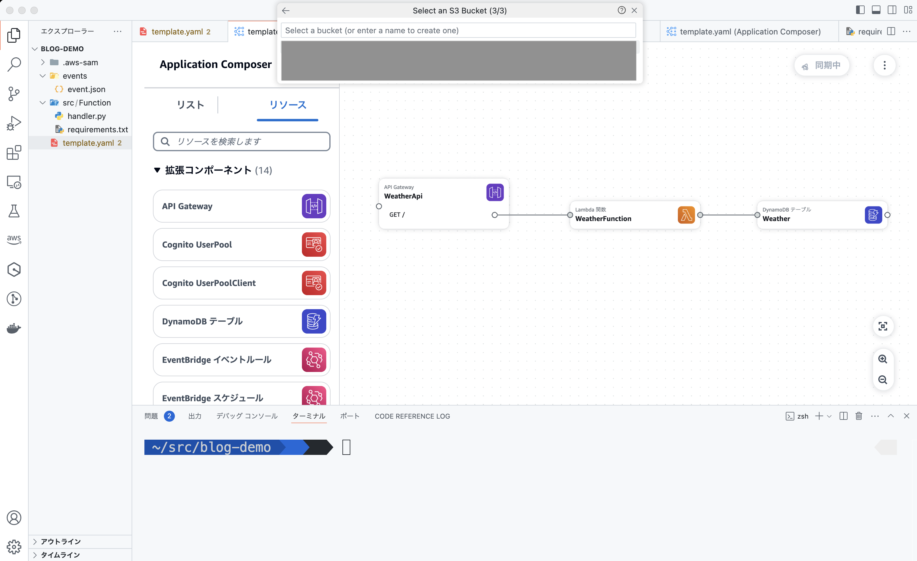 Screenshot of AWS Application Composer displaying a serverless architecture for a Weather API using SAM, with Japanese user interface. The visual diagram shows API Gateway (WeatherApi), Lambda function (WeatherFunction), and DynamoDB (Weather), along with component resources listed in Japanese.