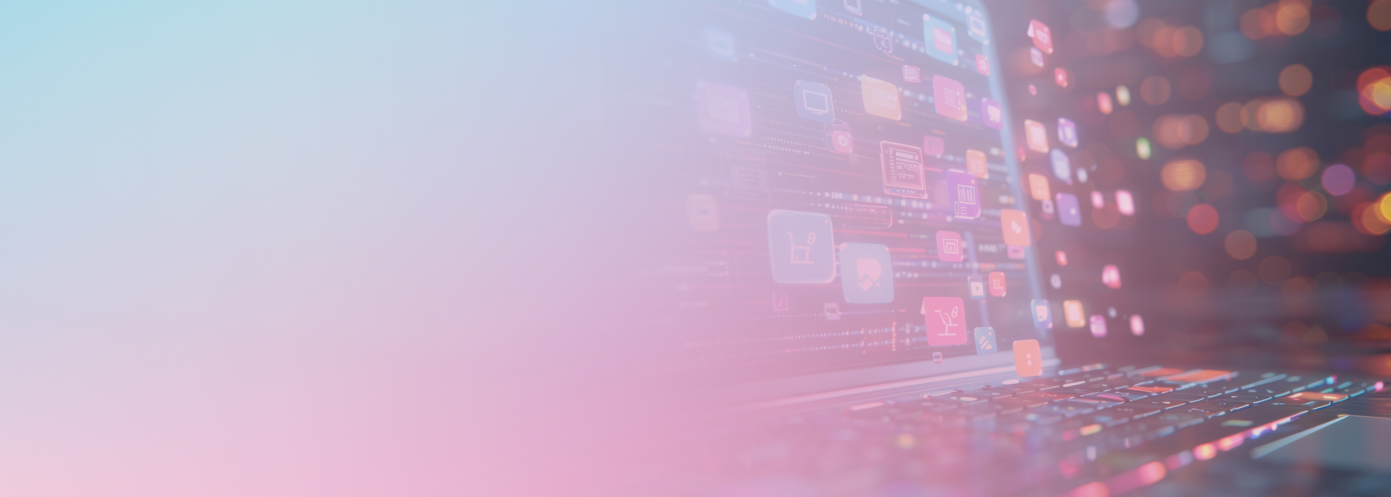 A stylized image showing a laptop keyboard with colorful floating application icons, representing AWS Lambda testing and quick deployment with AWS Cloud Development Kit (CDK) in a serverless environment.