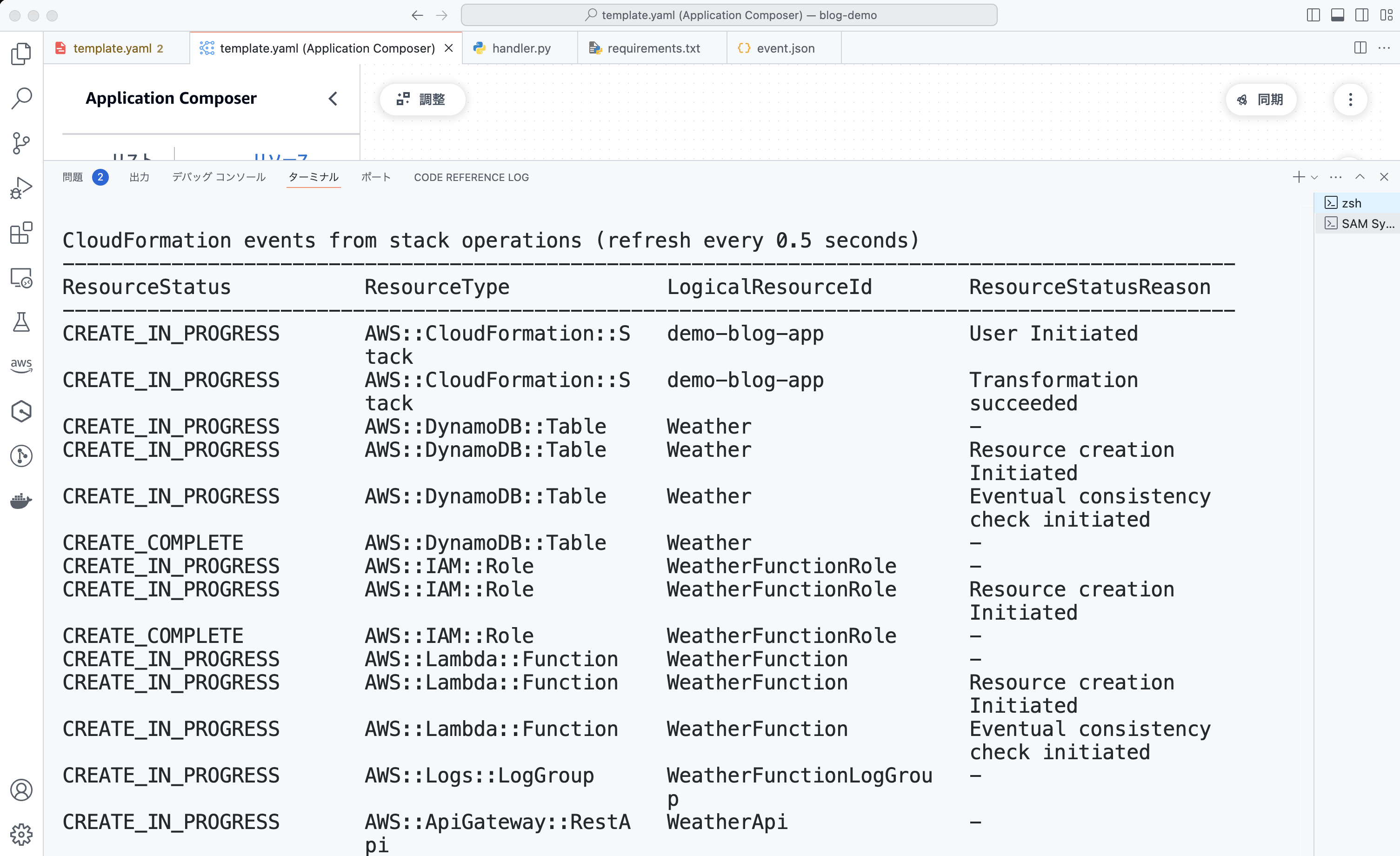 Screenshot of the AWS Application Composer interface showing terminal output with CloudFormation stack operation events, resource status, and types. The image includes a list of AWS resource creation statuses and reasons in a development environment.