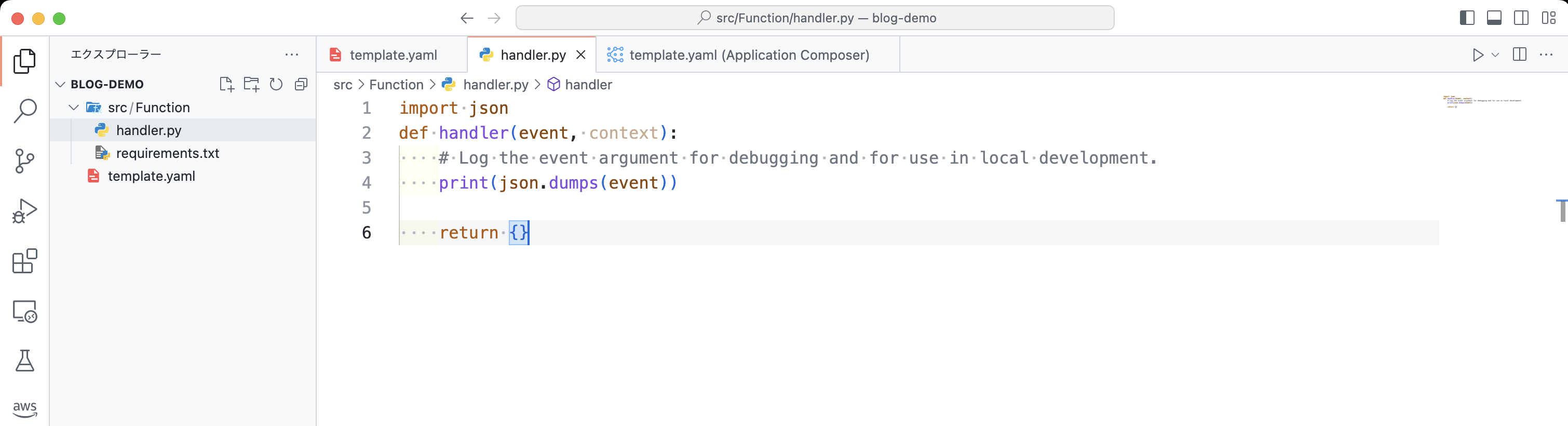 Screenshot of Visual Studio Code with an AWS serverless project open, showing a Python handler function (handler.py) that logs and returns received events, with project structure including requirements.txt and template.yaml.