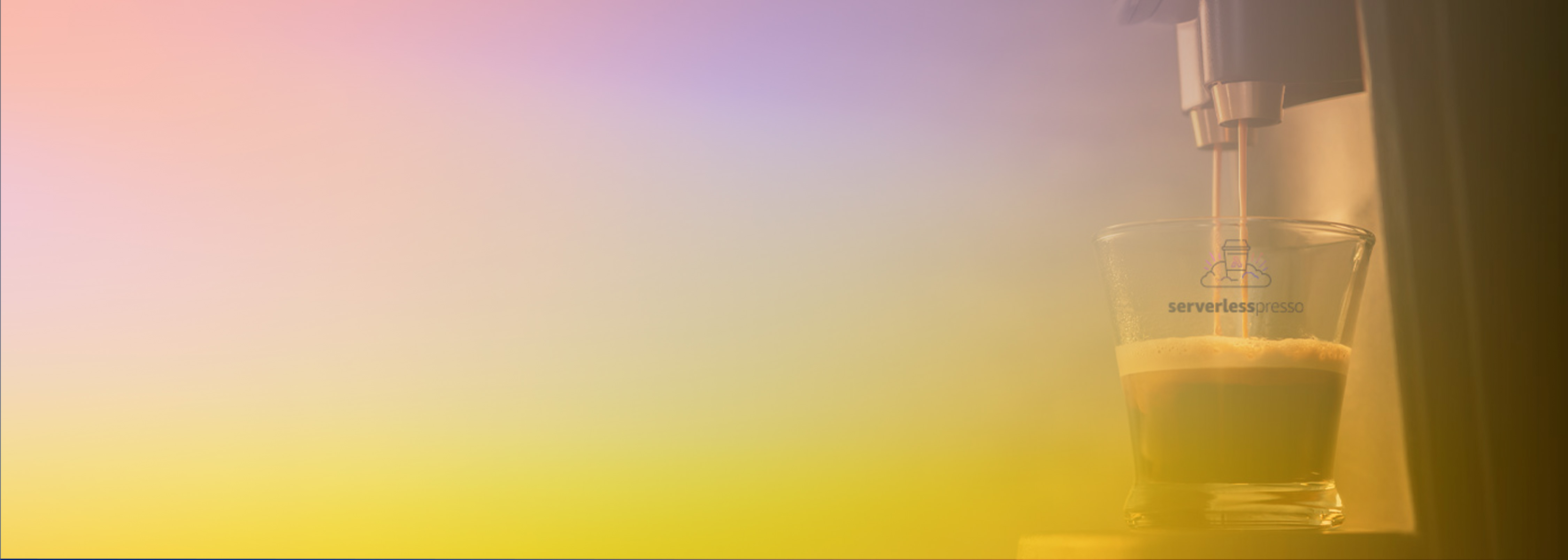 A glass with the Serverlesspresso logo being filled by an espresso machine, set against a colorful gradient background transitioning from pink and purple to yellow.