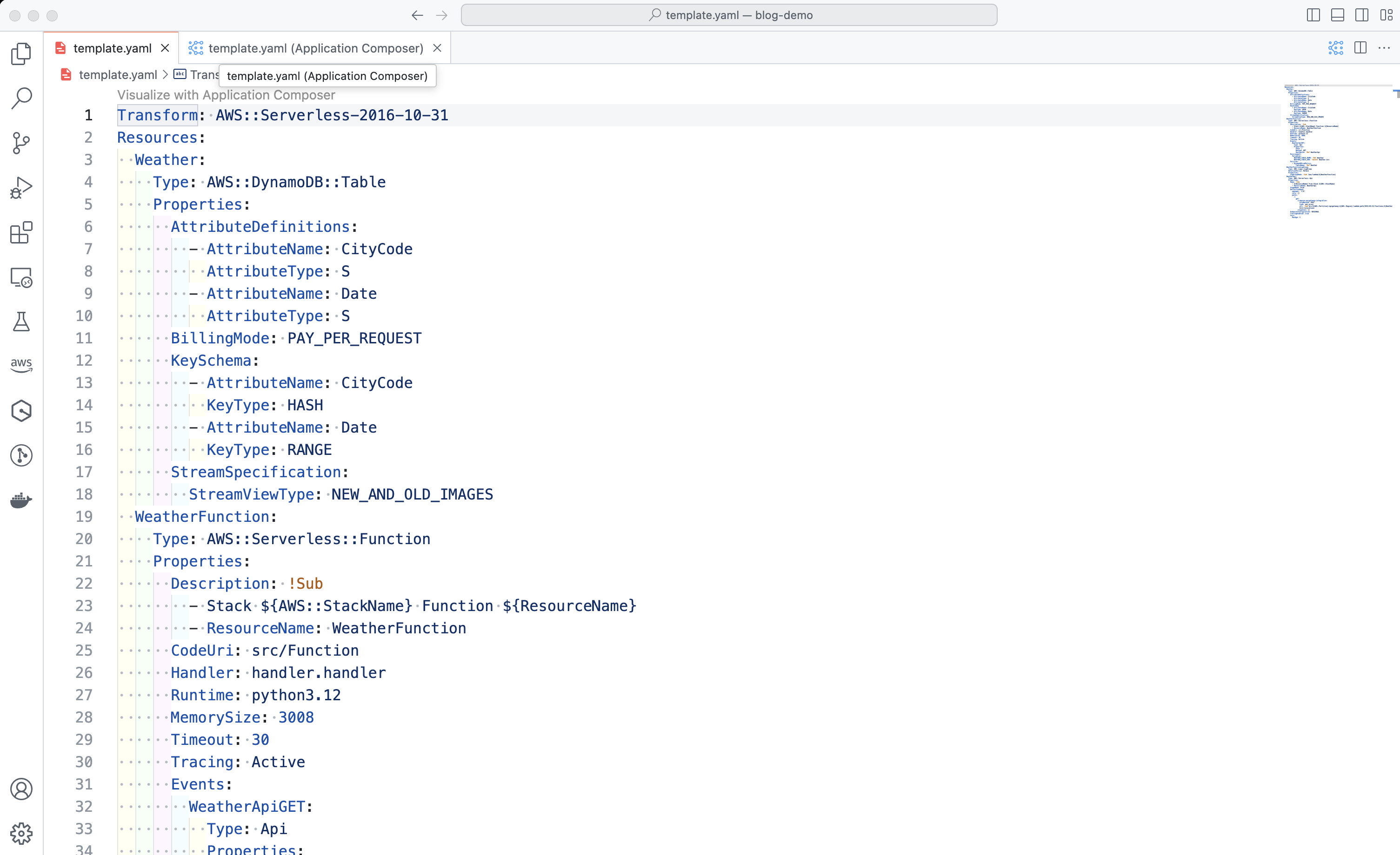 Screenshot of AWS Application Composer displaying a serverless template.yaml file with resource and function definitions for an AWS serverless application, including DynamoDB table and Lambda function configuration.
