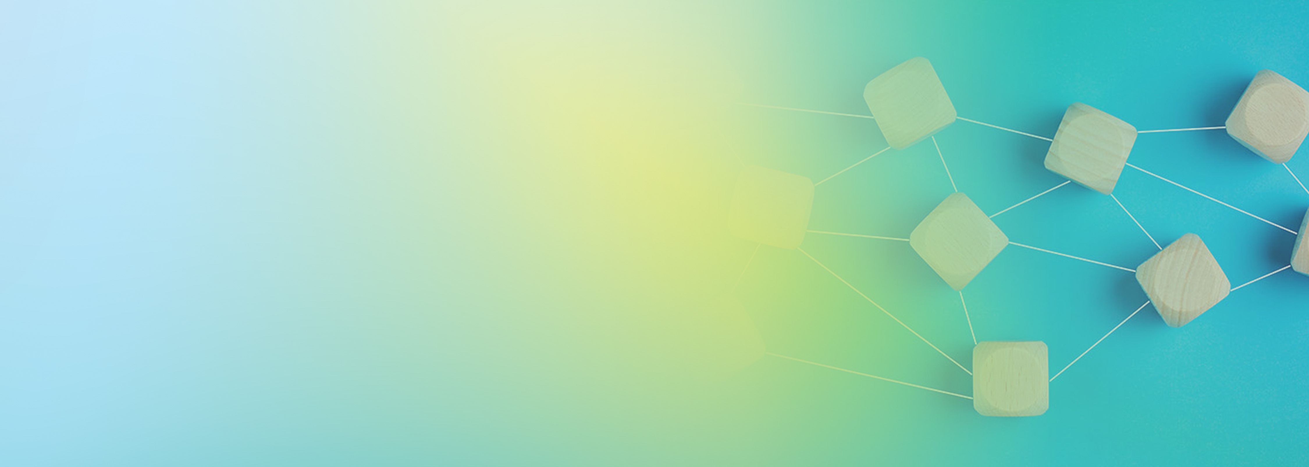 A conceptual network diagram with connected wooden blocks on a blue and gradient background, symbolizing serverless architecture and application composition.