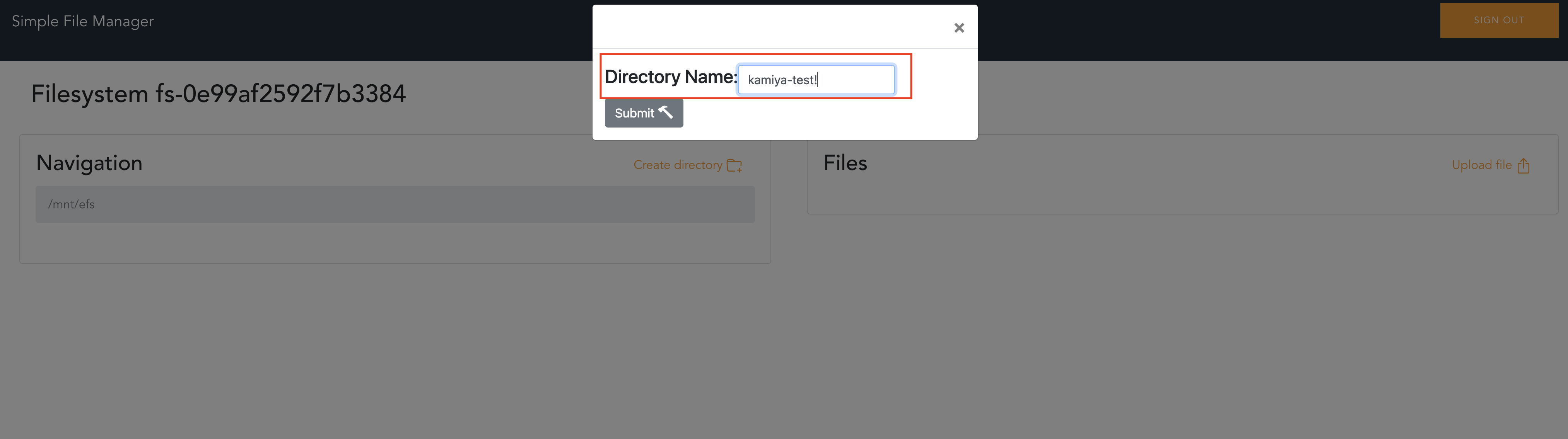 Screenshot of the Amazon EFS Simple File Manager interface displaying the 'Create Directory' dialog box, where a new directory name is being entered.