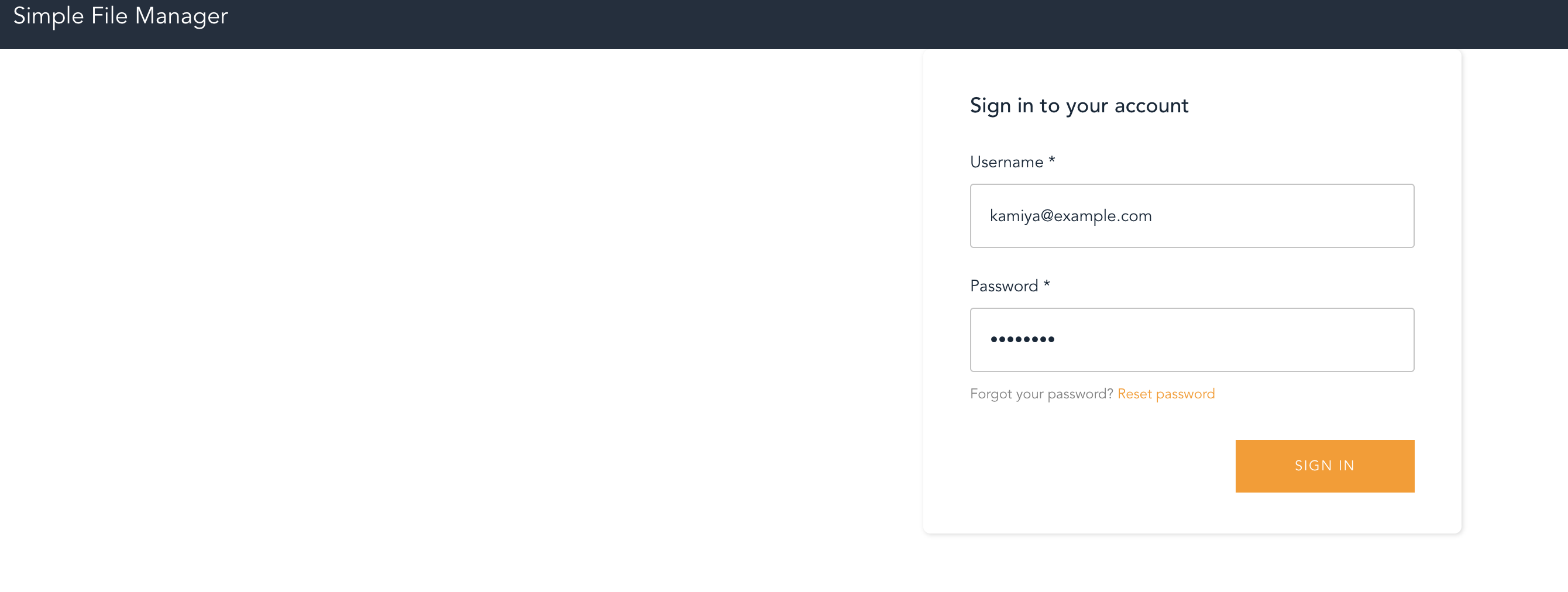 Screenshot of the login screen for the Simple File Manager for Amazon EFS. The interface prompts for a username and password, with an option to reset the password and a 'Sign In' button on the right side.