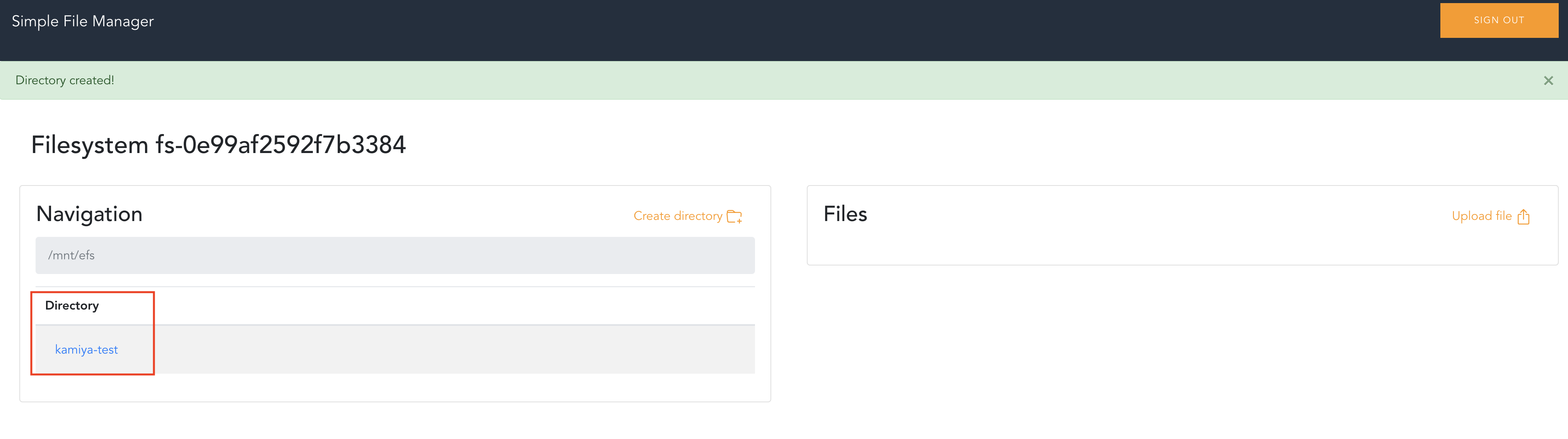 Screenshot of the Amazon Elastic File System (EFS) Simple File Manager interface showing a newly created directory named 'kamiya-test' within filesystem fs-0e99af2592f7b3384.