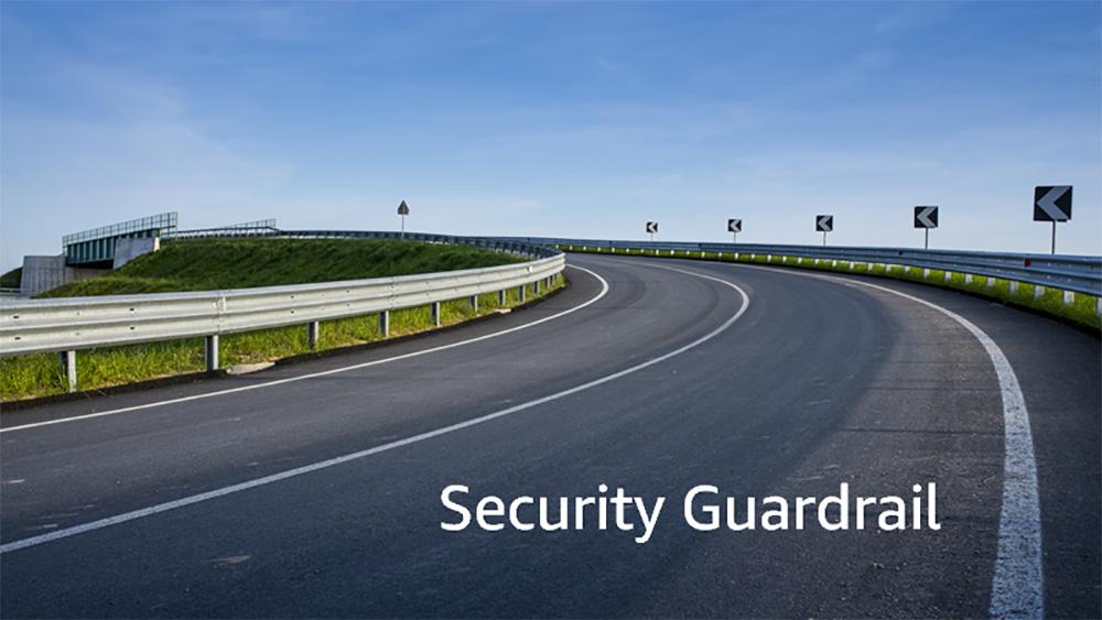 A curved road with metal security guardrails and direction signs under a blue sky, illustrating the concept of security guardrails. The text 'Security Guardrail' is displayed on the image.