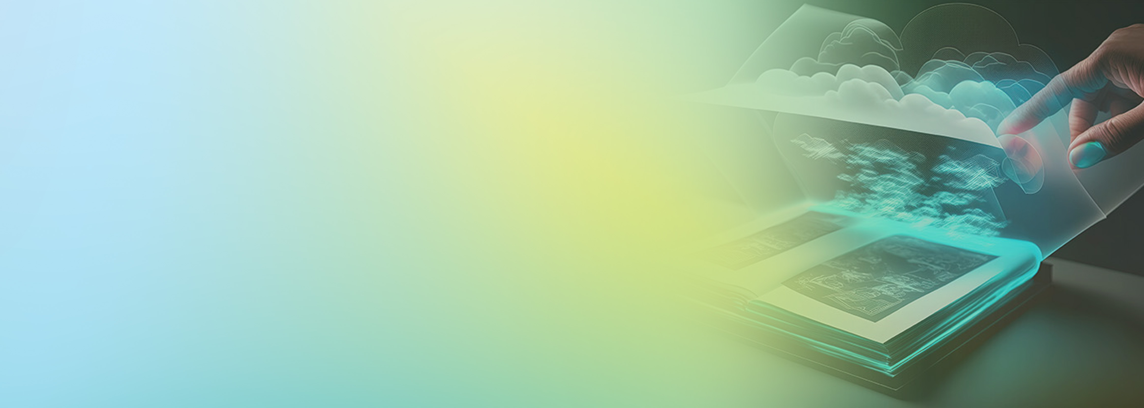 A conceptual illustration of a hand interacting with virtual clouds above an open book, representing innovative backend technology for Java serverless SaaS applications. The image features a soft gradient background with a technological, futuristic theme.