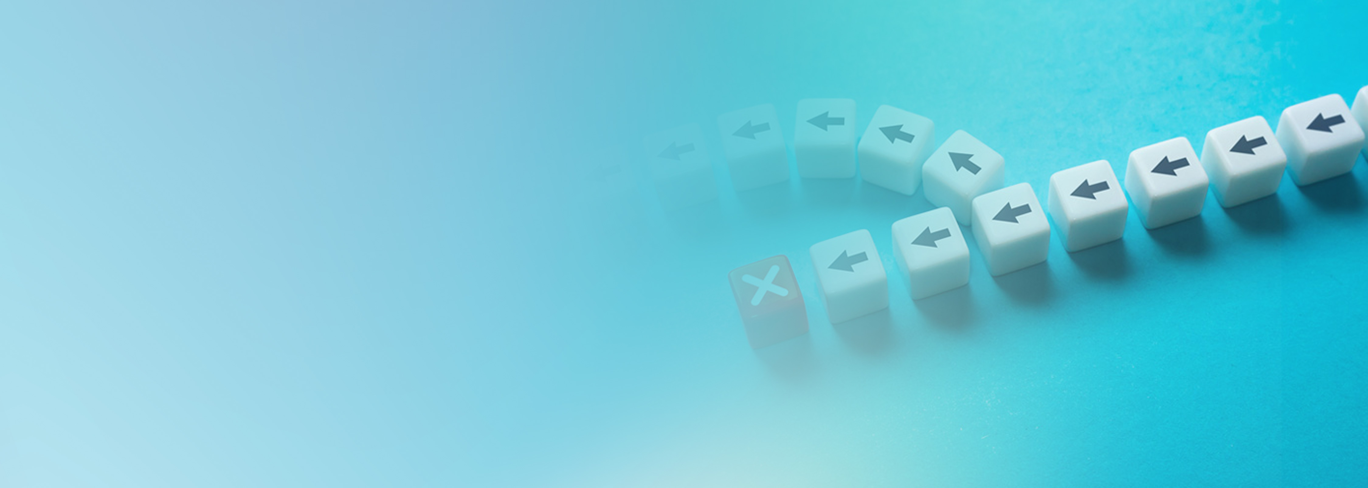 A row of white blocks with black arrows, curving around a single block marked with an 'X', on a blue background representing error handling in serverless architectures.