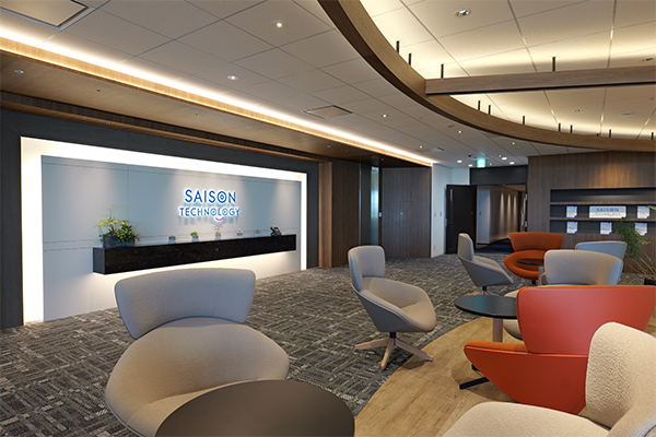 Modern office interior of Saison Technology featuring stylish seating, a reception desk, and contemporary lighting.