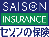 Saison Insurance logo featuring English and Japanese text セゾンの保険 on a blue and green background.