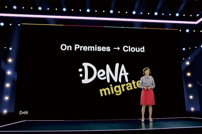 A speaker presents during a DeNA summit keynote on a stage with a large screen displaying 'On Premises → Cloud :DeNA migrate'. The presentation focuses on migrating from on-premises infrastructure to the cloud.