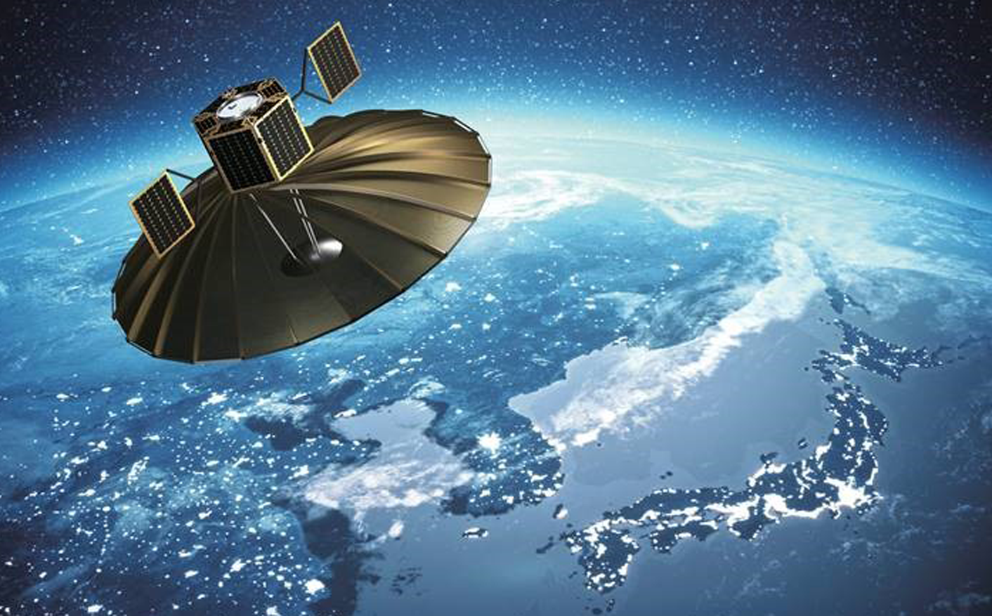 An aerial view of a satellite orbiting above Japan with the Earth and stars in the background. Illustration used for the AWS Nifty case study.