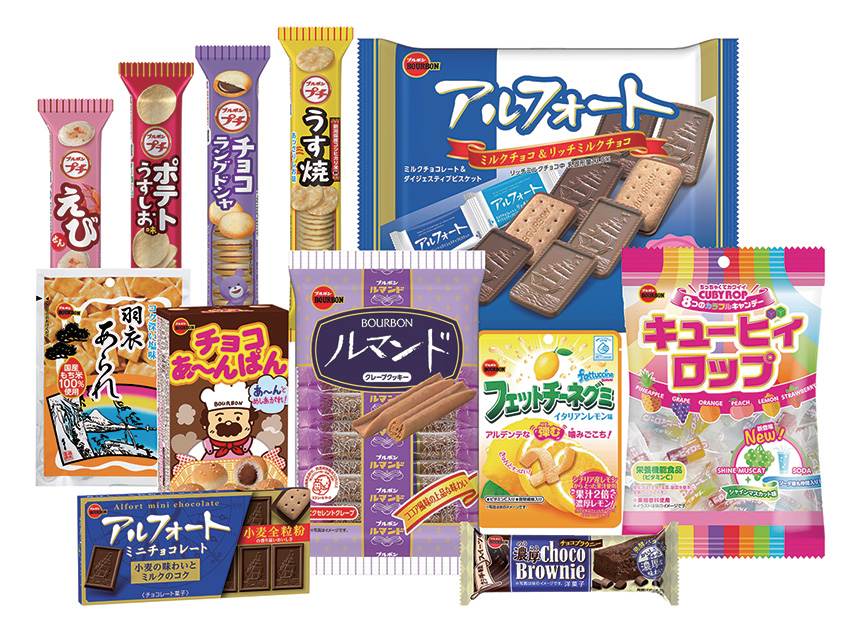 Assortment of Bourbon brand Japanese snacks, including chocolates, cookies, rice crackers, and candies in colorful packaging.