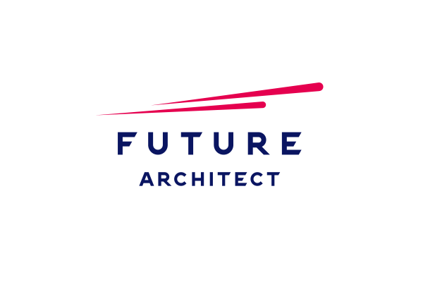 Logo for Future Architect featuring bold blue text and dynamic pink lines above the name on a white background.