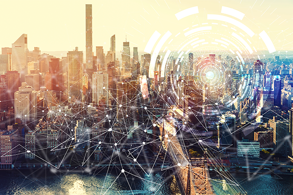 A futuristic cityscape with skyscrapers, overlaid with glowing network lines and circular digital patterns.