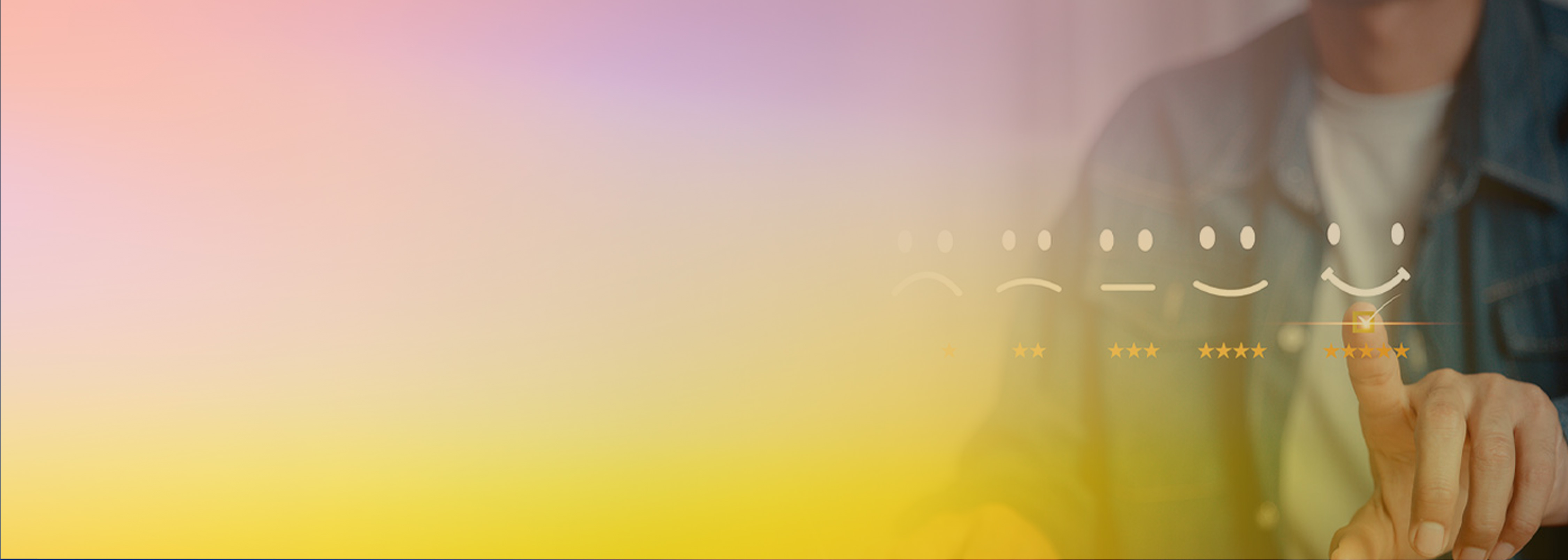 A person selecting a five-star rating on a digital interface with various smiley faces representing different customer satisfaction levels, set against a colorful gradient background. Represents customer product review and support.