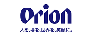 Orion Beer logo with Japanese slogan text below, blue lettering on a white background.