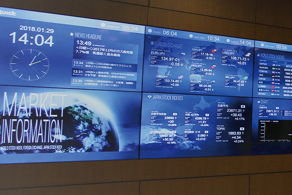 Digital display showing global market information, including stock indices, foreign exchange rates, news headlines, and a world clock.