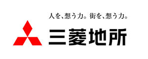 Mitsubishi Estate logo in Japanese with red three-diamond symbol and Japanese text on a white background.