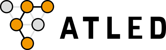 Logo of Atled with interconnected gray and orange nodes, accompanied by Japanese text, used for SaaS case studies on AWS Japan.