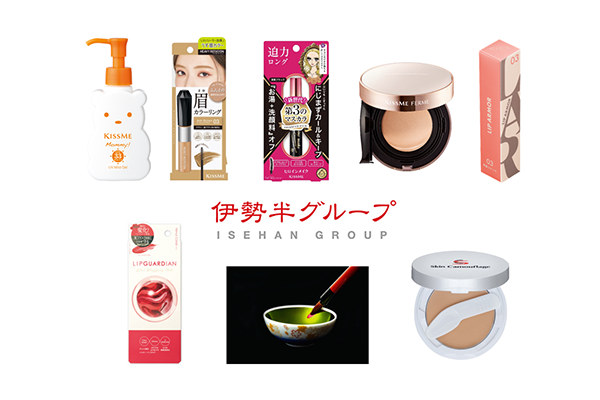 A variety of cosmetics and skincare products from the ISEHAN Group, including facial cleanser, eyebrow makeup, mascara, foundation, lipstick, and other beauty items, displayed with the ISEHAN Group logo.