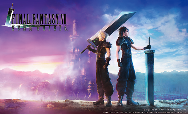 Promotional image for Final Fantasy VII Ever Crisis featuring two main characters with large swords standing in front of a futuristic cityscape, used for the Applibot case study.