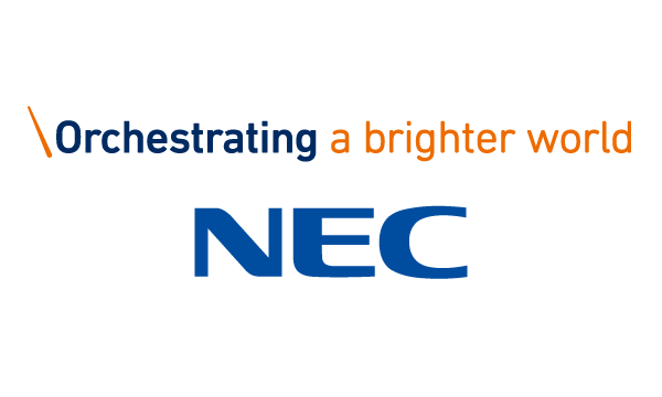 NEC Corporation logo with the slogan 'Orchestrating a brighter world' in blue and orange text on a white background.