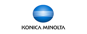 Konica Minolta logo featuring a blue sphere with white horizontal lines and the company name below.