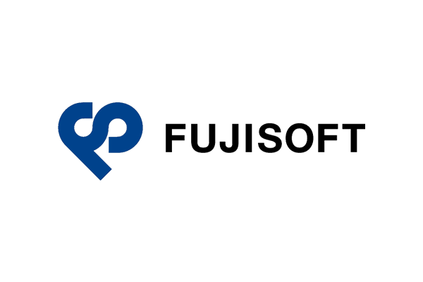 Fujisoft company logo with blue symbol and black text on a white background.