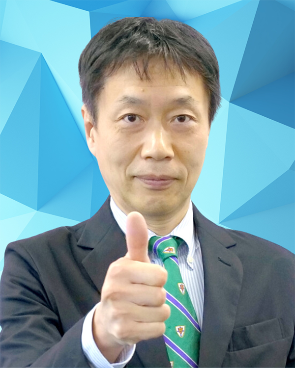 A person in a suit and green striped tie giving a thumbs-up gesture, with a geometric blue background.