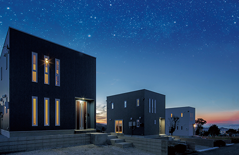 Modern houses with illuminated windows under a starry night sky.