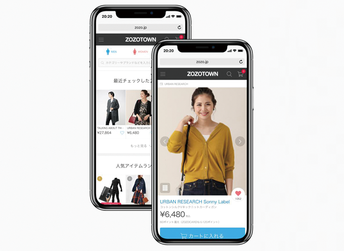 Screenshot of the ZOZOTOWN mobile shopping app displaying fashion items and product details on two smartphones.