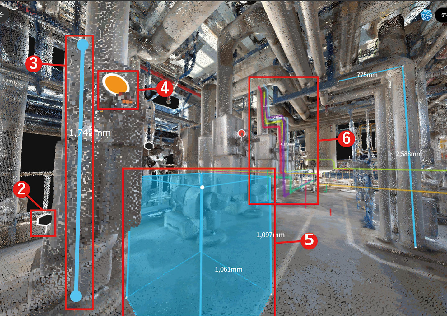 A detailed 3D scan visualization of an industrial plant interior, featuring various sections with annotated measurements and highlighted areas for measurement and inspection. The scene includes colored boxes and numbered markers, providing spatial dimensions and analysis for industrial or engineering workflows.
