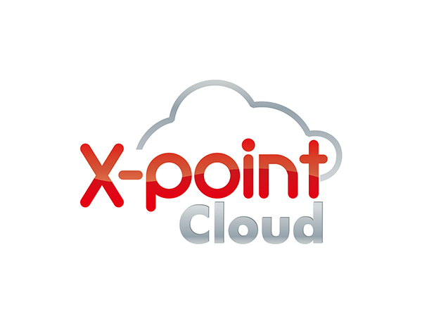 Logo for X-point Cloud featuring red and gray text with a cloud outline above the text on a white background.