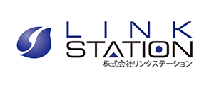 Logo for "Link Station" featuring a blue abstract design and Japanese text below.